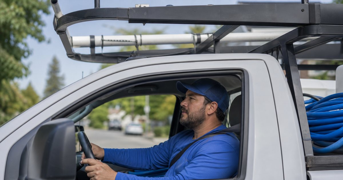 A pool service technician driving a work truck through a suburban neighborhood