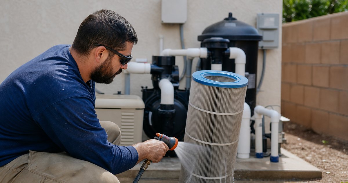 Pool technician rinsing a large pleated cartridge filter element with a garden hose on a concrete equipment pad, residential backyard, midday sun