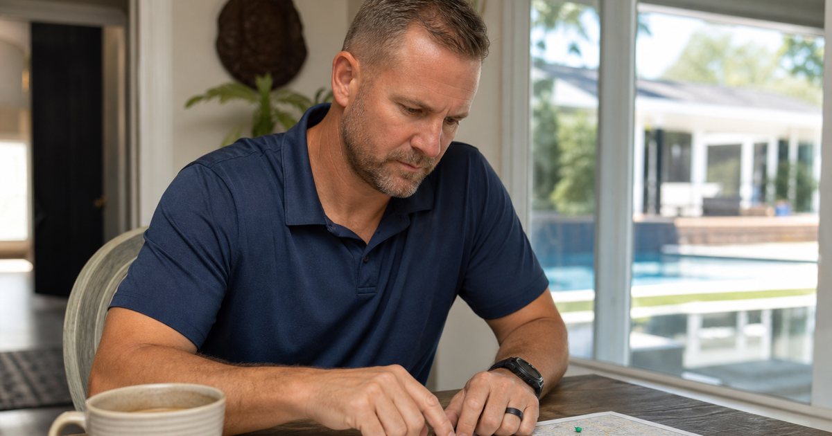 Pool service business owner at a kitchen table with a paper street map, route stops marked with colored pins, coffee mug, morning light through the window