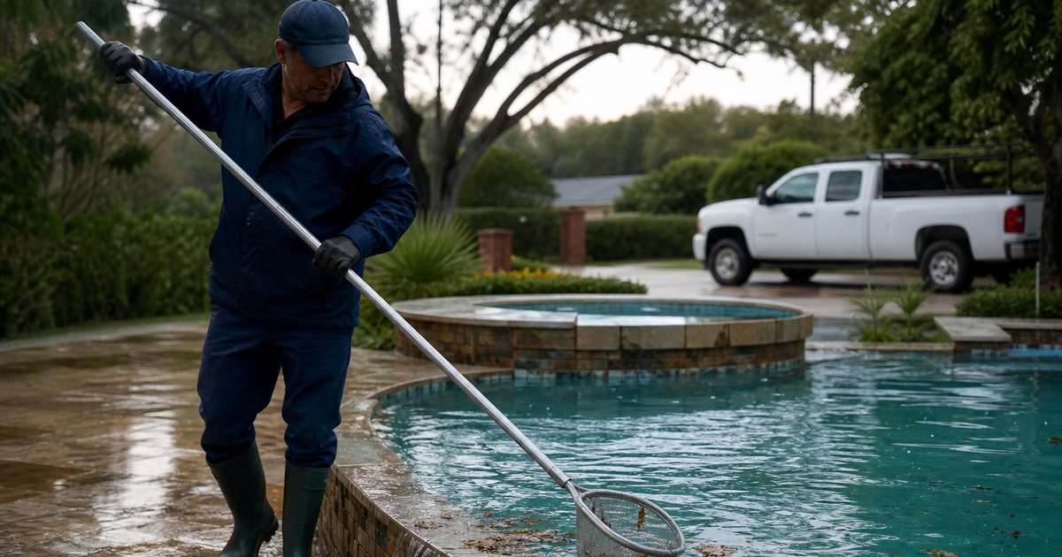 Pool technician skimming leaves and debris from an overflowing backyard swimming pool the morning after a storm, wet patio, gray sky clearing, service truck in the driveway