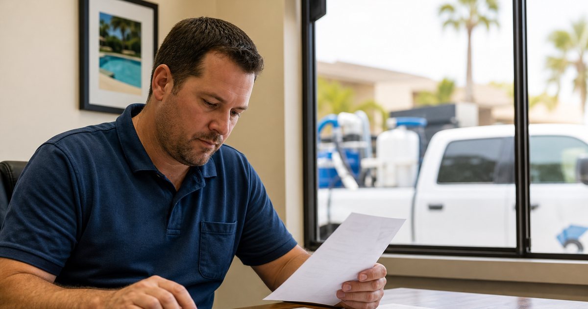 Pool service owner reviewing paper invoices with a calculator at a desk in a small office, white service truck visible through the window, morning light