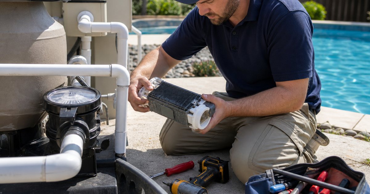 Pool technician inspecting a salt chlorine generator cell at an equipment pad beside a residential swimming pool, sunny backyard, hand tools laid out on the concrete pad