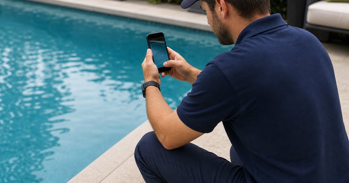 A pool technician photographing clear pool water with a phone after a service visit