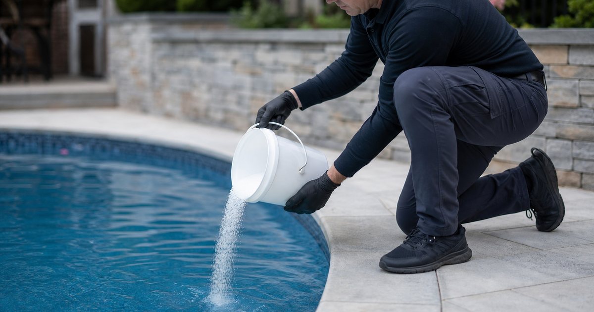 A pool technician pouring granular shock into a residential pool from the deck