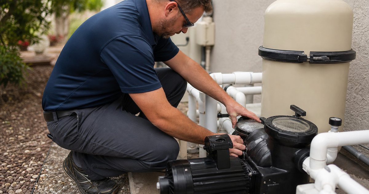 A pool technician checking a pool filter and pump equipment pad beside a house